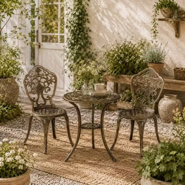 Wyld Haus Bava 3 Piece Bronze Cast Aluminium Garden Bistro Set with Parasol Hole