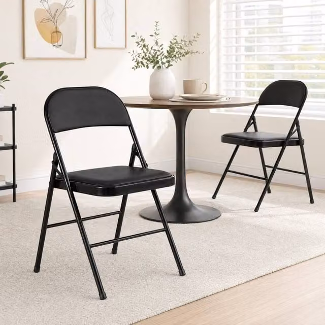 STILVORA Set of 2 Black Cushioned Folding Chairs with Synthetic Leather and Metal Frame