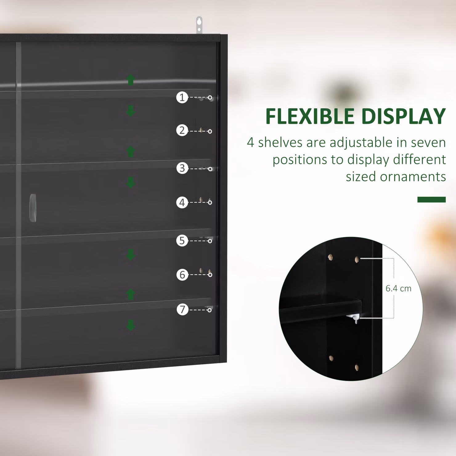 HOMCOM Black Wall Mounted 5-Tier Display Cabinet with Glass Doors and Internal Shelves – 4