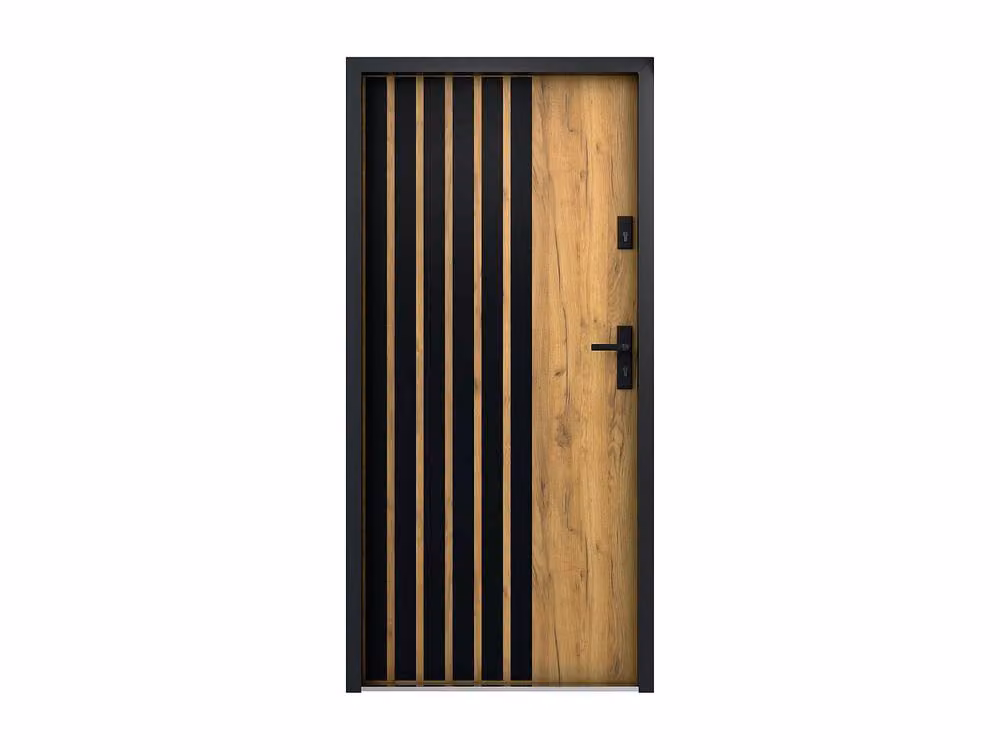 Vente-unique Modern Full Steel Front Door in Light Oak with Black Stripes, H: 207 cm, W: 100 cm – 2