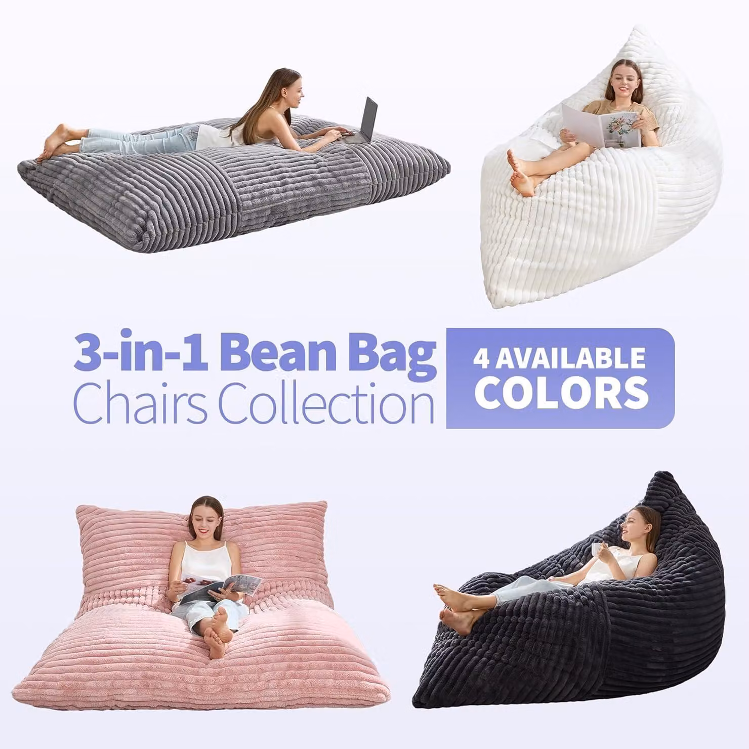 Aosom UK 3-in-1 Convertible Corduroy Bean Bag Chair with Shredded Memory Foam and Removable Washable Cover, Light Grey, W: 132 cm, L: 185 cm – 3