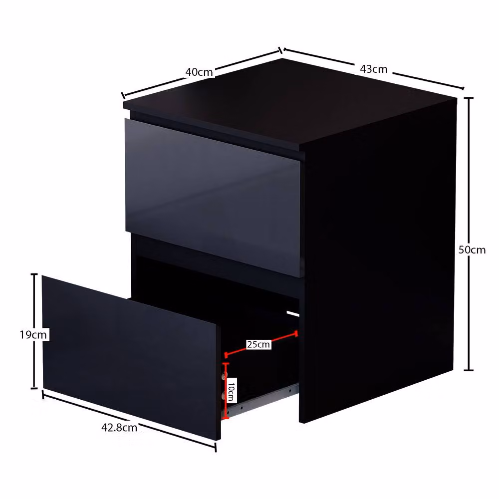 HD Designs Glinton High Gloss 2 Drawer Bedside Chest in Black – 2