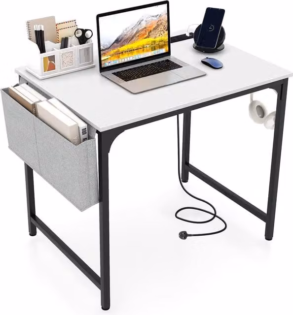 Costway Modern White Computer Desk with Charging Station for Home Office – 1