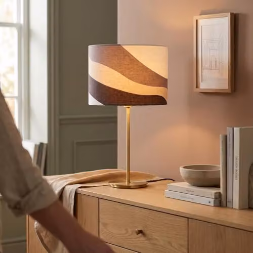 Happy Homewares Scandinavian Style Linen Fabric Drum Lamp Shade with Wavy Design in Taupe, Brown and White, Diameter: 30 cm – 3