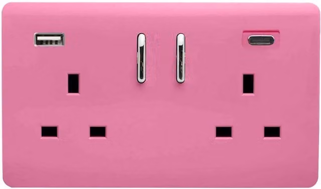 Trendi 2 Gang 13 Amp USB Switched Plug Socket with Type A and C Ports, Pink