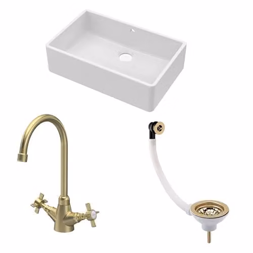 Balterley White Ceramic Butler Sink with Mono Crosshead Mixer Tap and Waste, Single Bowl Apron Front Design in White and Brushed Brass