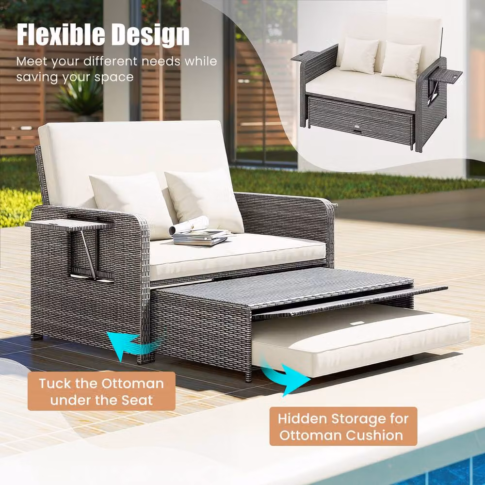 Costway 2-Piece Grey PE Wicker Daybed and Patio Rattan Furniture Set with 4-Level Backrest – 6