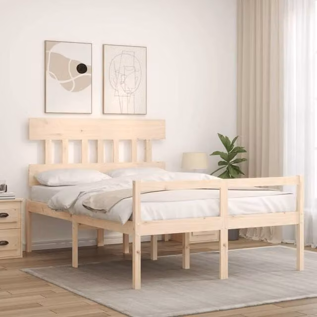 Berkfield Home Beautiful Bed Frame with Headboard in Beige Solid Pine Wood, W/D/H: 190 x 140 x 81 cm