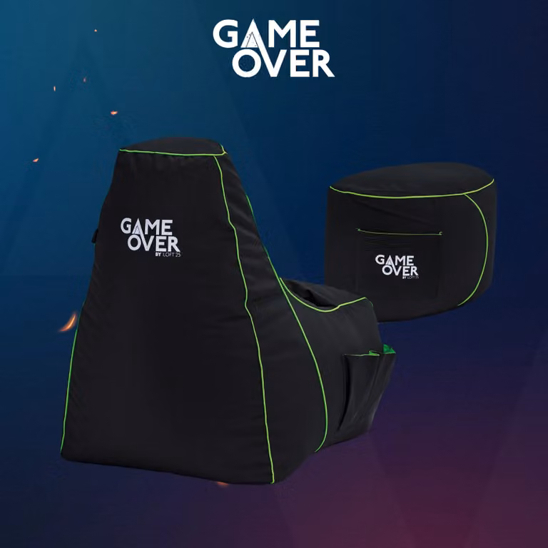 Game Over Store Magical Emerald High Back Video Gaming Bean Bag Chair with Footstool in Green and Black