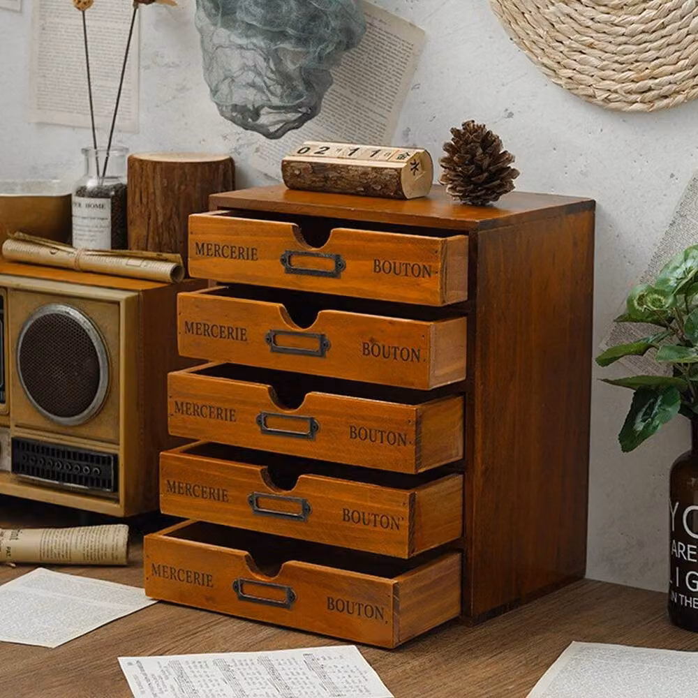 KORVIXA Vintage Wooden 5 Drawer Desktop Storage Box, Brown, W/D/H: 100 x 100 x 31 cm – 3
