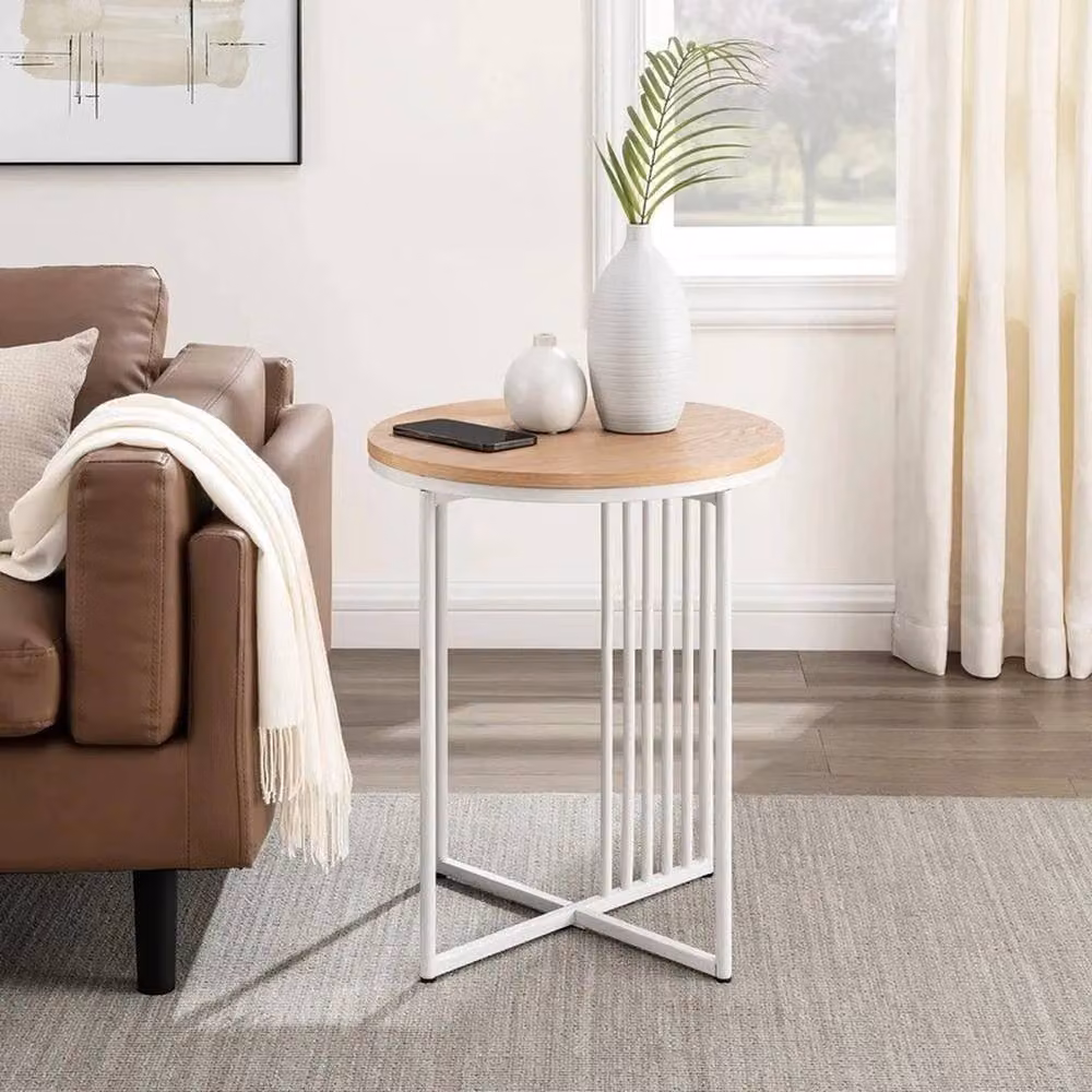 ERGOVEXA Minimalist Round Wood and Metal Slatted Side Table in White W/D/H: 45 x 45 x 54 cm – 2