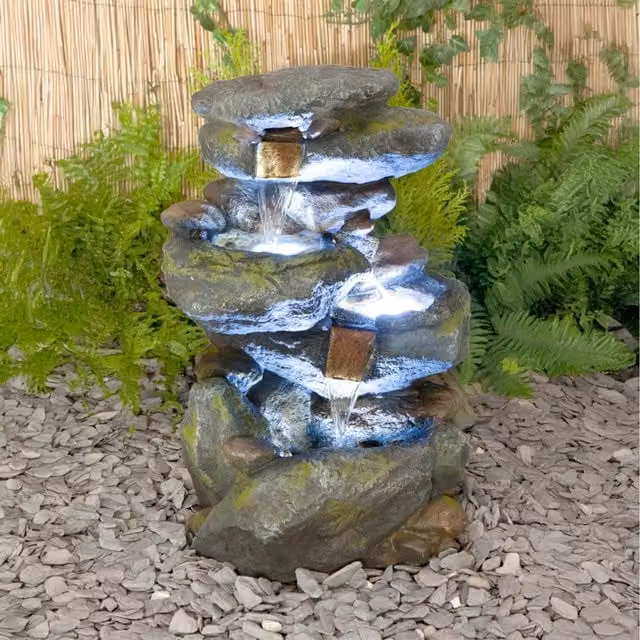 Primrose Bekko Falls 3 Tier Stone Effect Cascading Water Feature with LED Lights in Brown