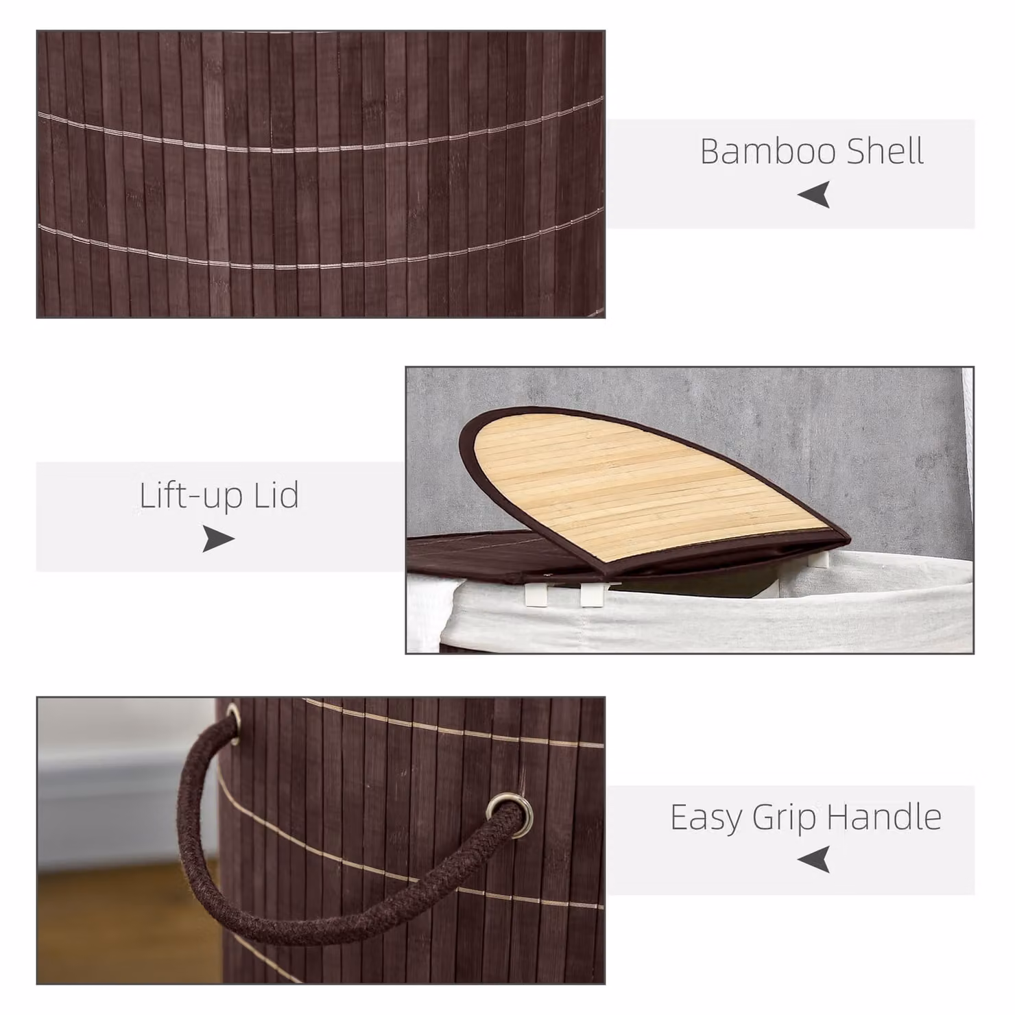 HOMCOM 100L Bamboo Laundry Basket with Lid and 2 Compartments in Brown – 4