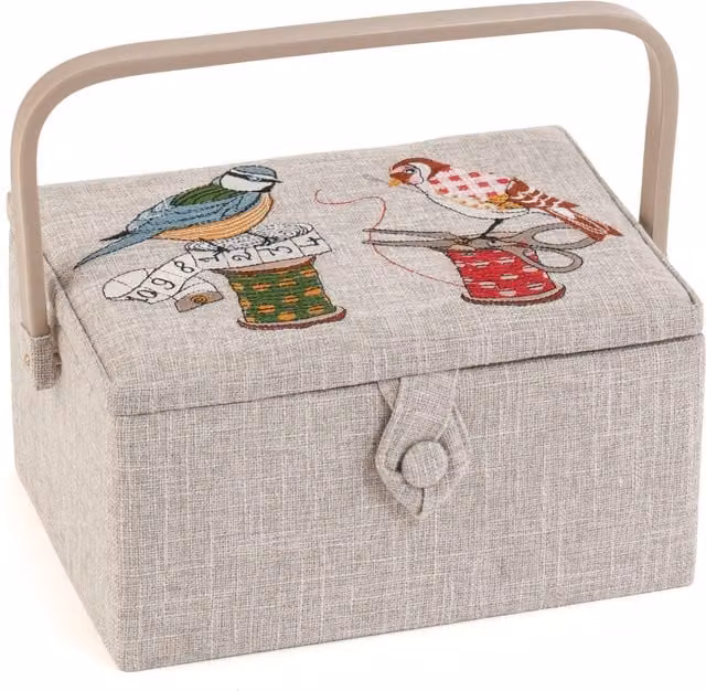 HG Sewing Box with Embroidered Lid in Natural Birds on Bobbin Multicolour