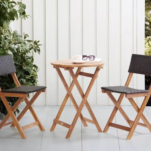 Wyld and Coco 3-Piece Folding Bistro Set in Brown Oiled Acacia Wood
