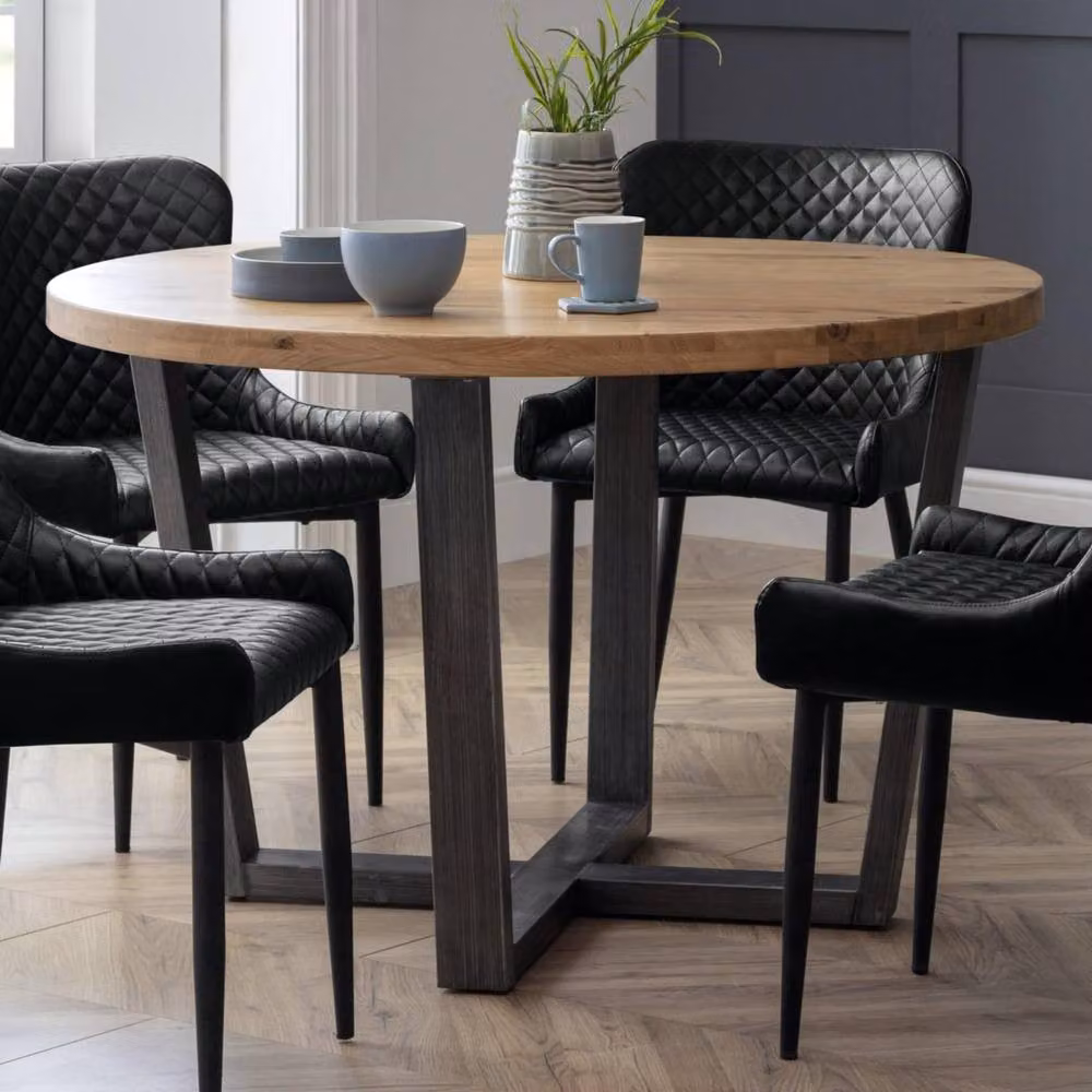 Huxford Round Oak Wood and Metal Industrial Dining Table, Brown/Multicolour, Diameter: 120 cm – 2