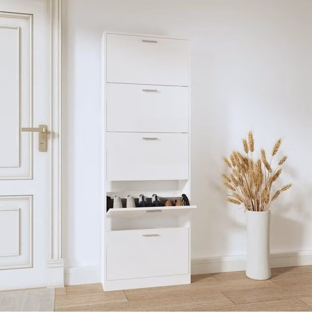Berkfield Home High Gloss White Modern Shoe Cabinet with Tilting Compartments, W/D/H: 59 x 17 x 169 cm