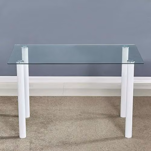 KOSY KOALA Modern Rectangular Dining Table with Glass Top and Metal Legs, White and Transparent, W/D/H: 140 x 71 x 75 cm