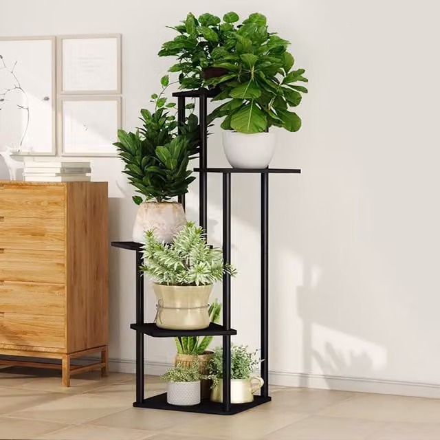 Livingandhome 5-Tier Modern Metal and Wood Plant Display Stand in Black and Natural Wood Colour