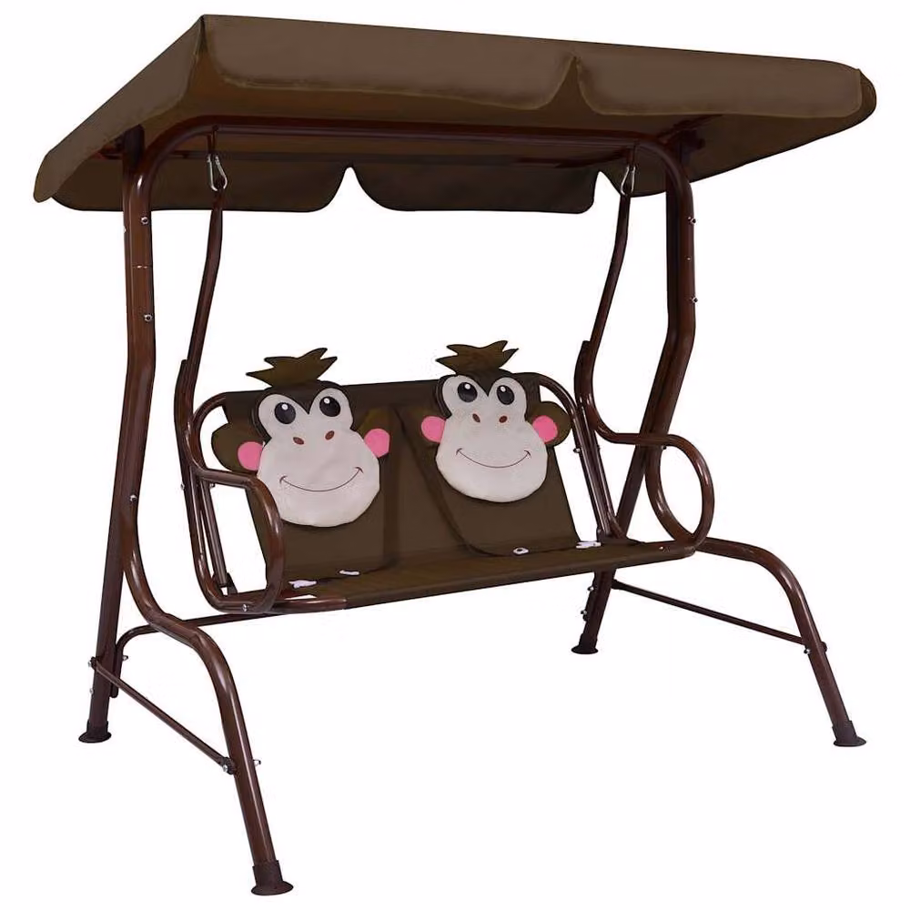 Berkfield Home Kids Swing Bench in Brown with Sun Canopy and Fabric Seat, W/D/H: 115 x 75 x 110 cm – 2