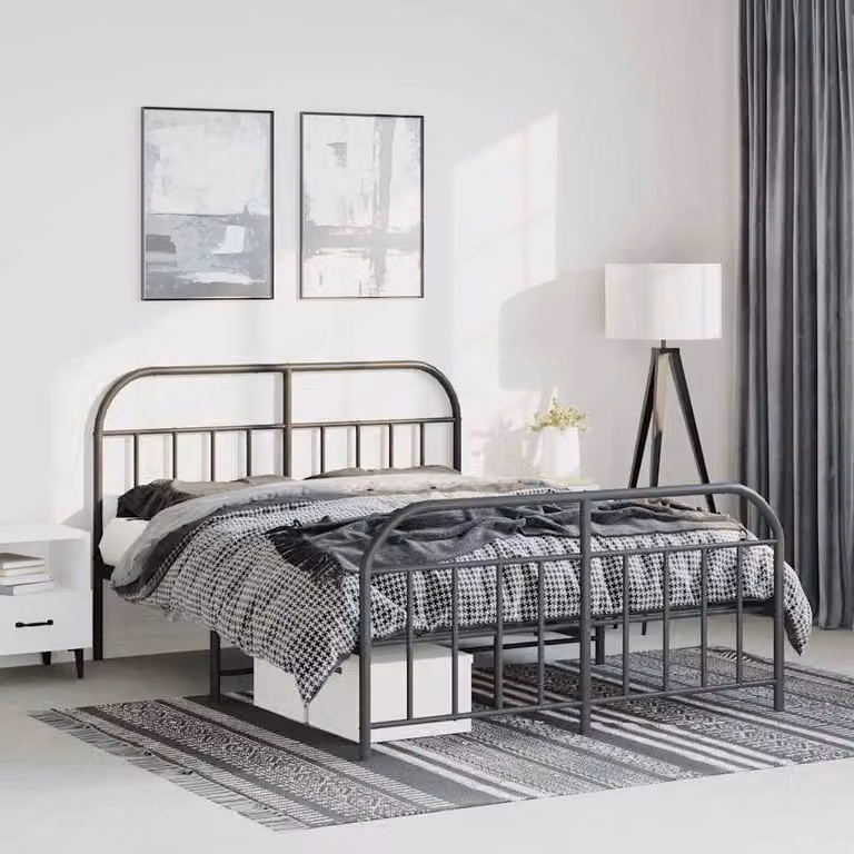 Berkfield Home Metal Bed Frame with Headboard and Footboard in Matt Black, W: 135 cm, L: 190 cm