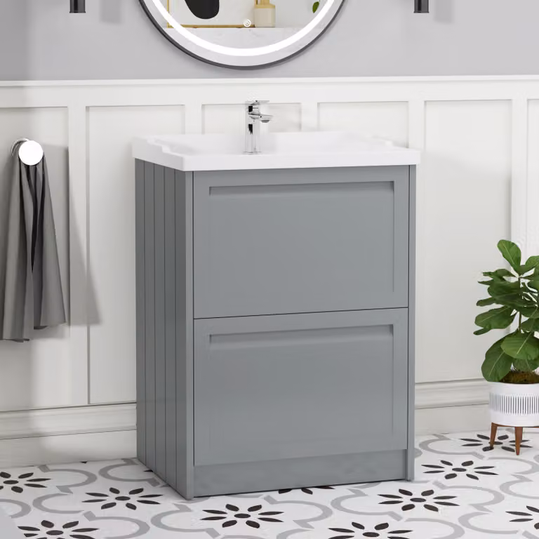 Royal Bathrooms Elmore Traditional 2 Drawer Floor Standing Vanity Unit with Ceramic Basin in Matt Pebble Grey