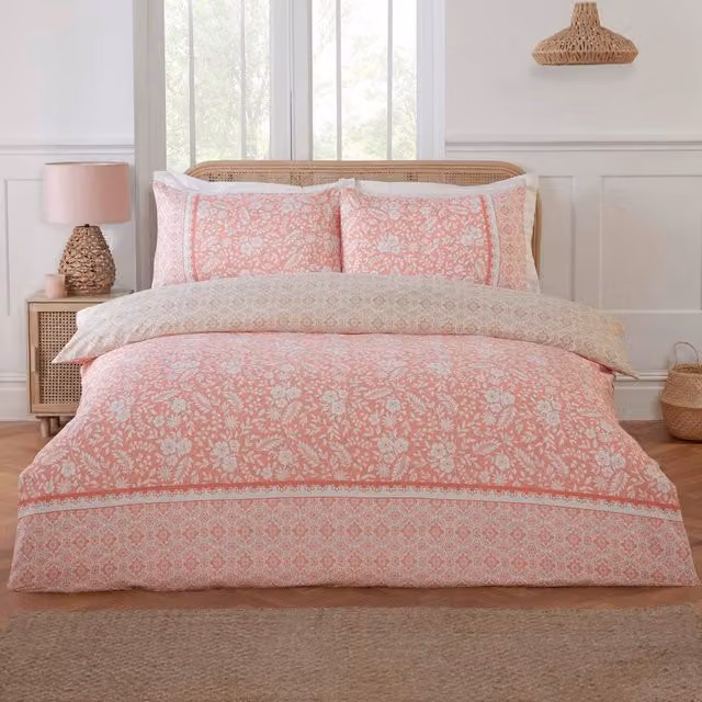 Rapport Home Eleanor Floral Reversible Polyester Duvet Cover and Pillowcase Set, Pink, 140 x 200 cm