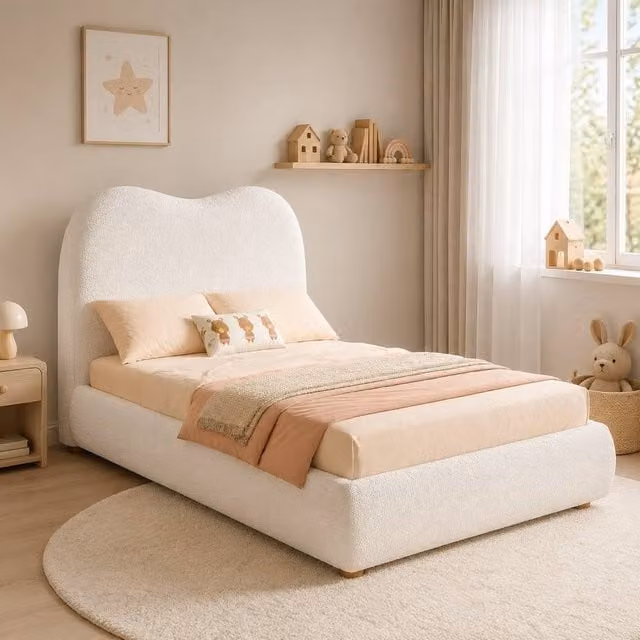 STILVORA Single Upholstered Bed with Storage in Beige Bouclé, W/D/H: 90 x 190 cm
