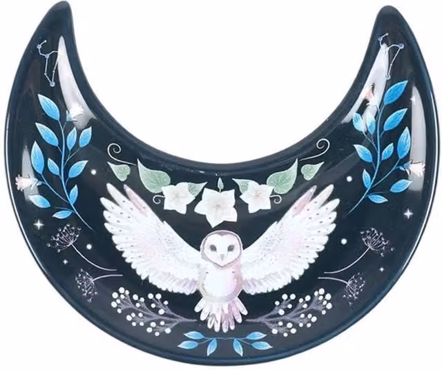 Something Different Crescent Moon Owl Ceramic Trinket Dish in Blue, White and Yellow