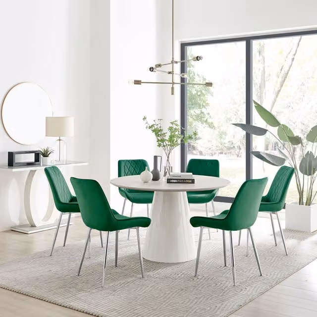 FurnitureboxUK Palma Beige Stone Effect Round Dining Table and 6 Pesaro Silver Chairs in Green