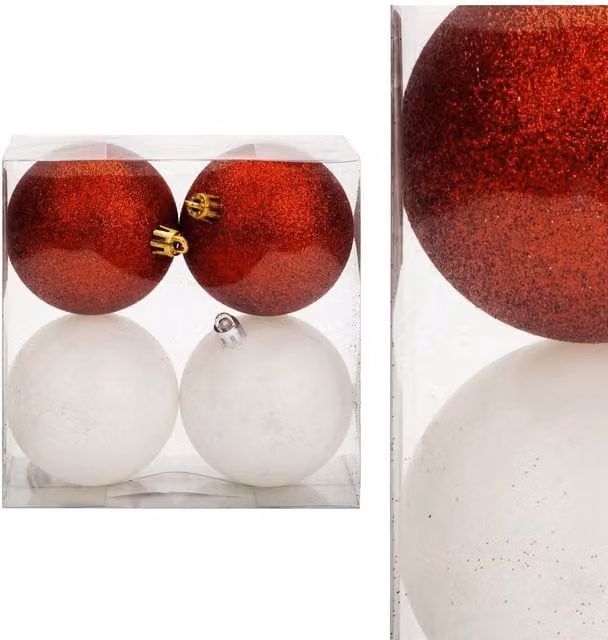 VFM e-Store Assorted Red, White and Gold Round Christmas Baubles, 7cm (4 Pack) – 1