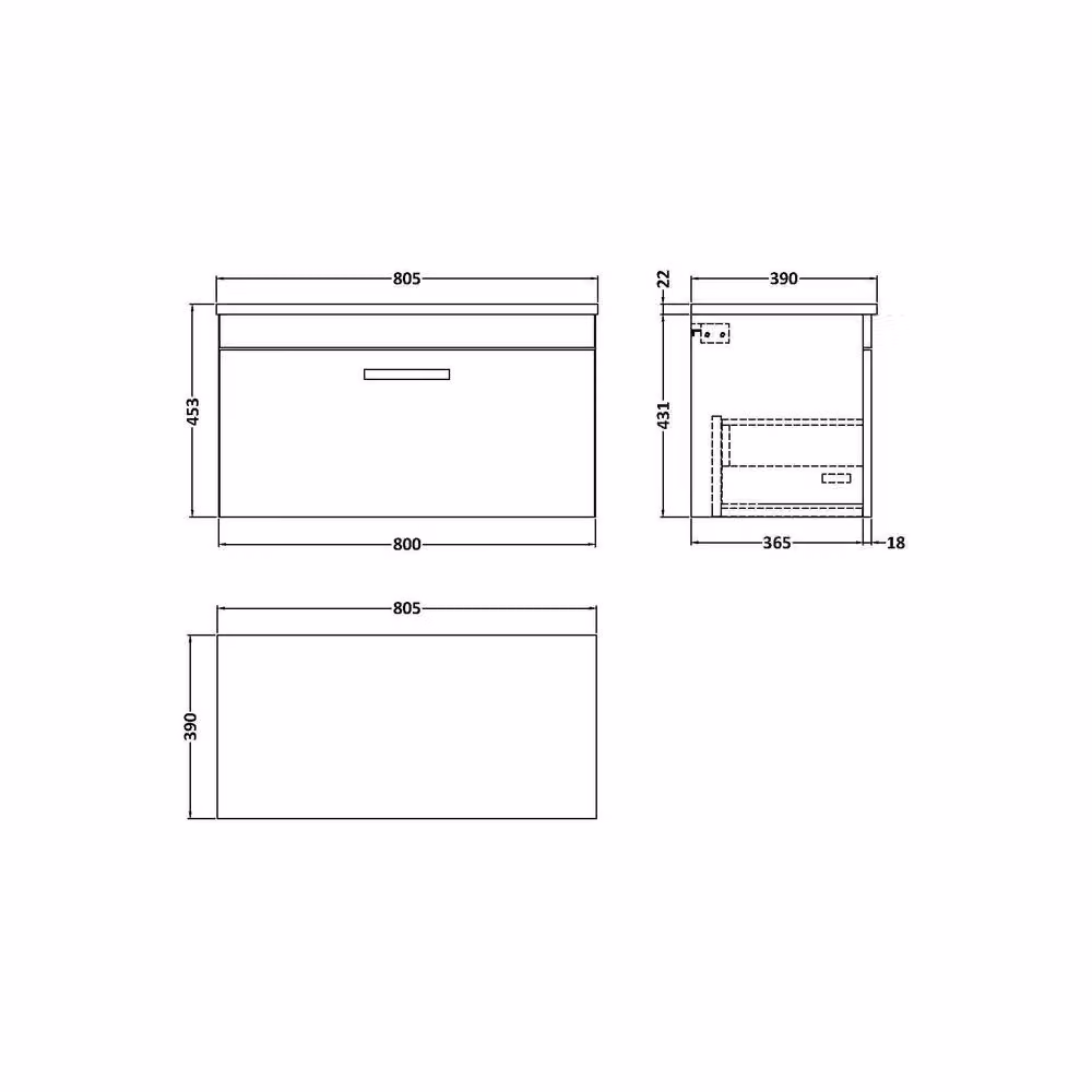 Balterley Millwich 1 Drawer Wall Hung Vanity Unit, Anthracite Grey Woodgrain, W: 80 cm, D: 45.3 cm – 2
