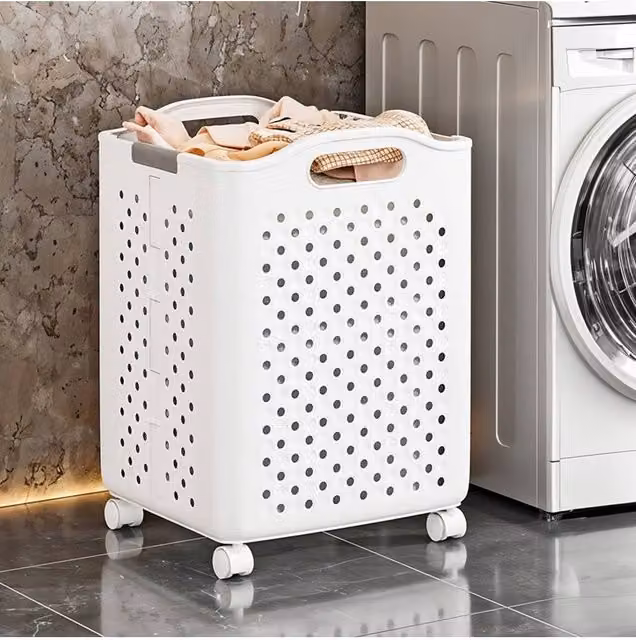 Living and Home Collapsible Laundry Basket with Wheels in White – 1