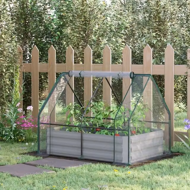 Outsunny Steel Raised Garden Bed Planter Box with Greenhouse and Window in White – 1