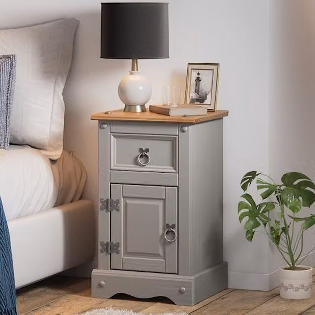 Mercers Furniture Corona Grey Pine Wood Bedside Cabinet with 1 Door and 1 Drawer