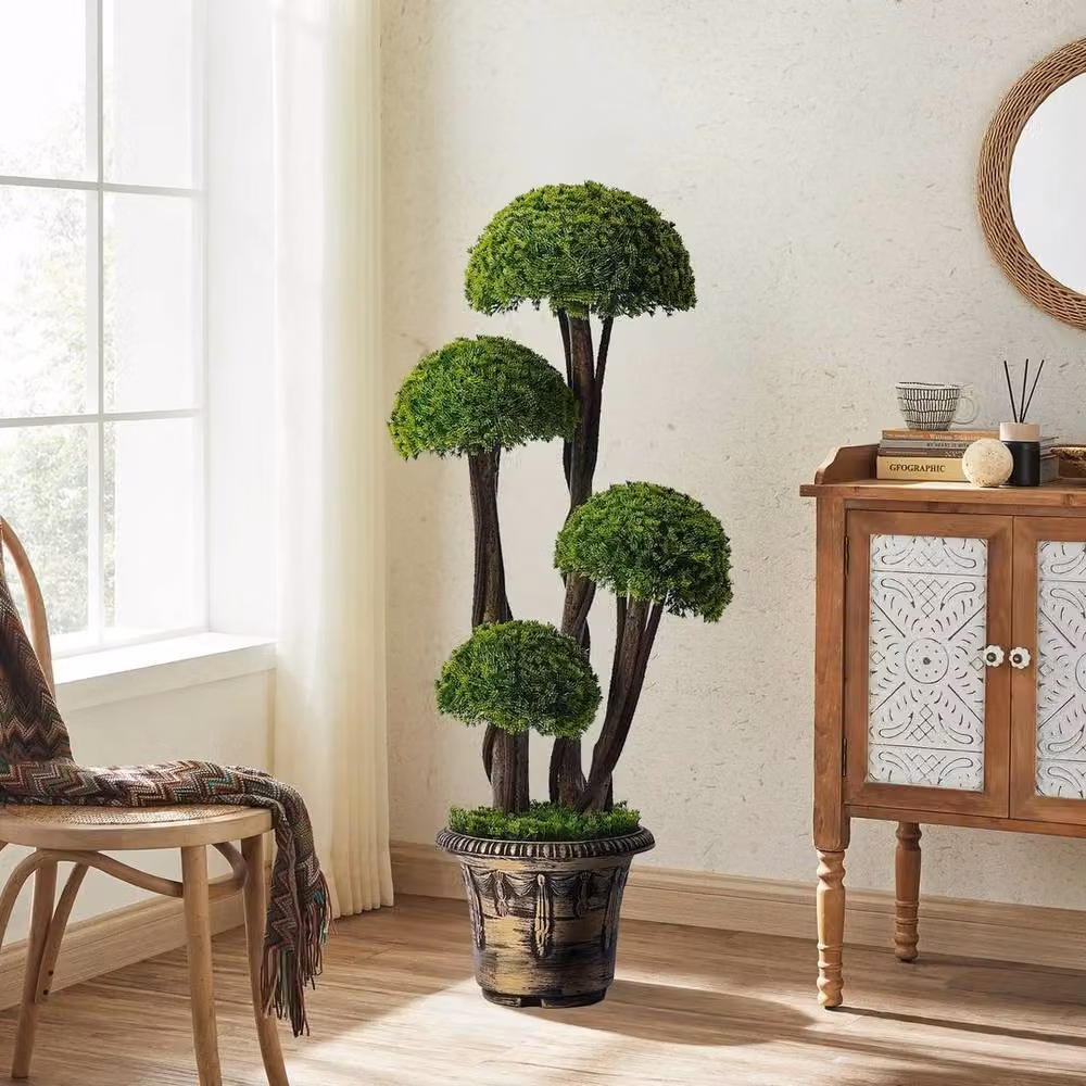 FLAVORA Green Artificial Cypress Topiary Tree Realistic Potted Faux Plant, Height: 90 cm – 3