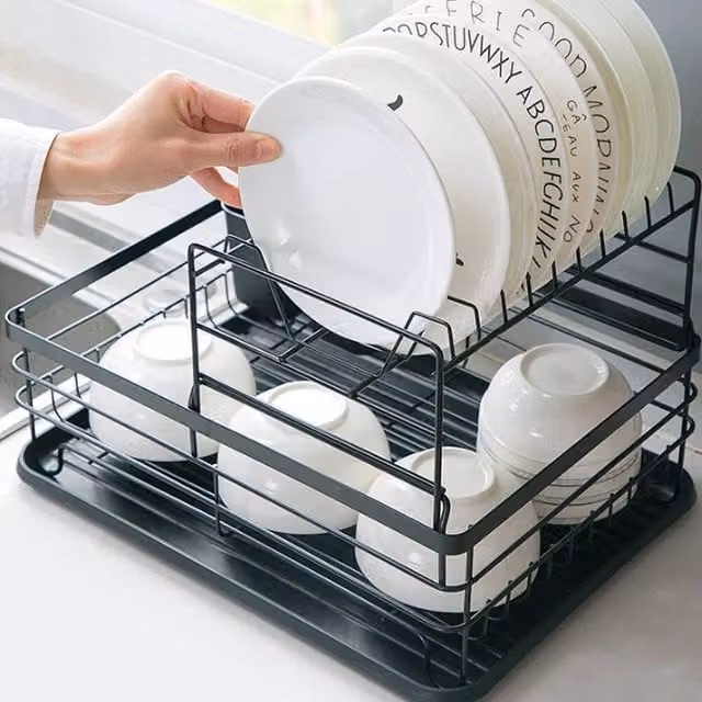 Kelvenix Black 2 Tier Metal and Glass Cutlery Storage Rack and Sink Drain Holder