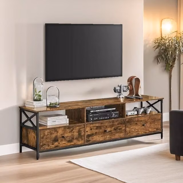 Pirlo Plush Industrial TV Stand Unit with 3 Drawers in Rustic Brown and Black, W: 178.0 cm, D: 50.0 cm, H: 50.0 cm – 1