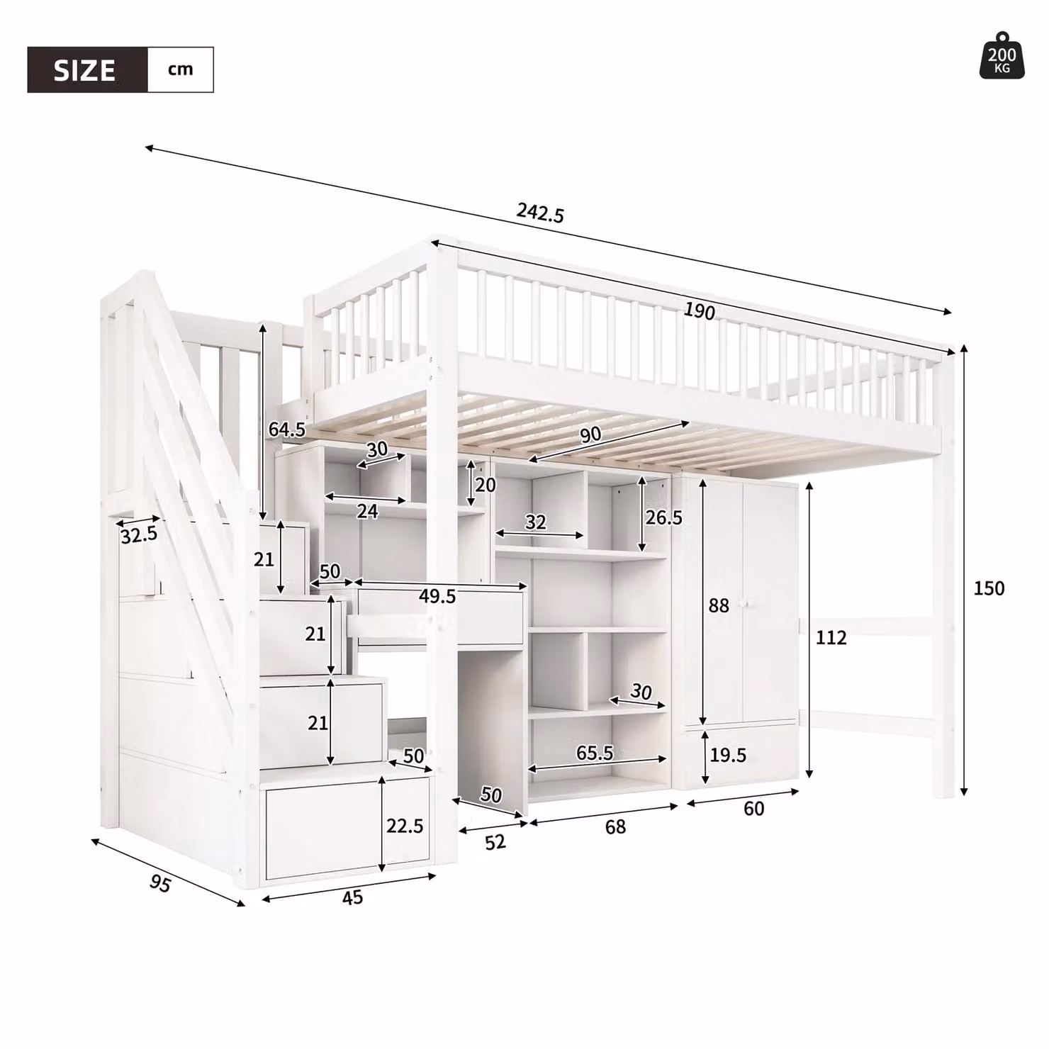 Matteo White Kids Single Loft Bed with Desk, Storage Stairs and Drawers, Pine and MDF – 2