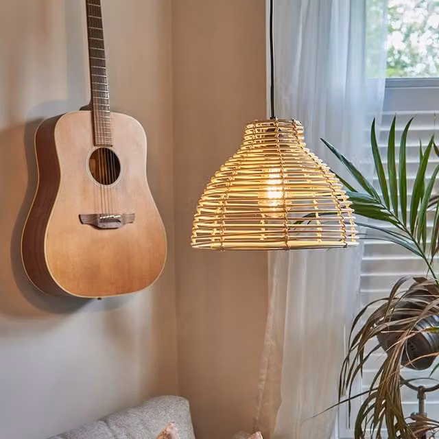 ValueLights Pair of Boho Rattan Cone Ceiling Pendant Light Shades in Beige and Yellow, Diameter: 31 cm