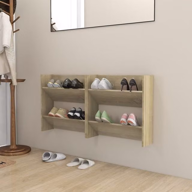Berkfield Home Set of 2 Wall Mounted Shoe Cabinets in Sonoma Oak Brown, W/D/H: 60 x 18 x 60 cm