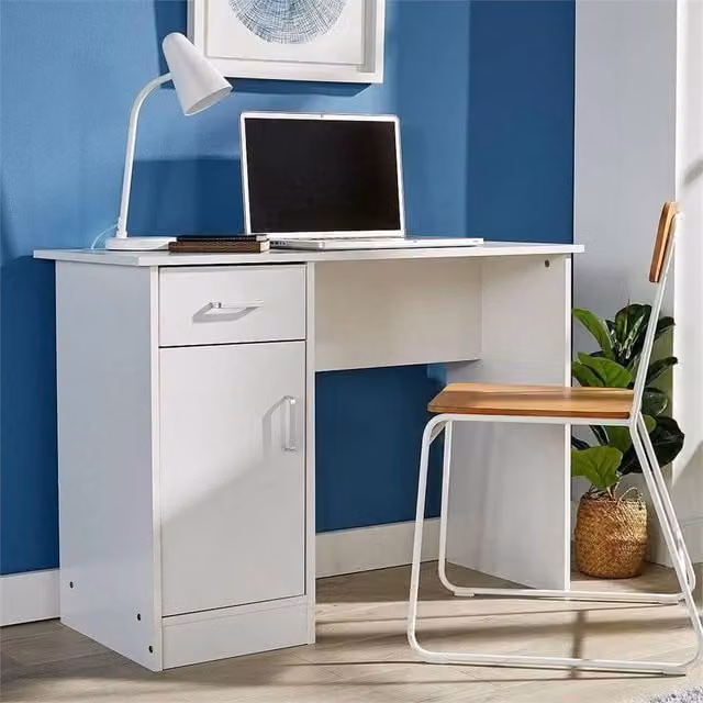 Nordara Modern White Compact Computer Desk with 1 Drawer and 1 Door