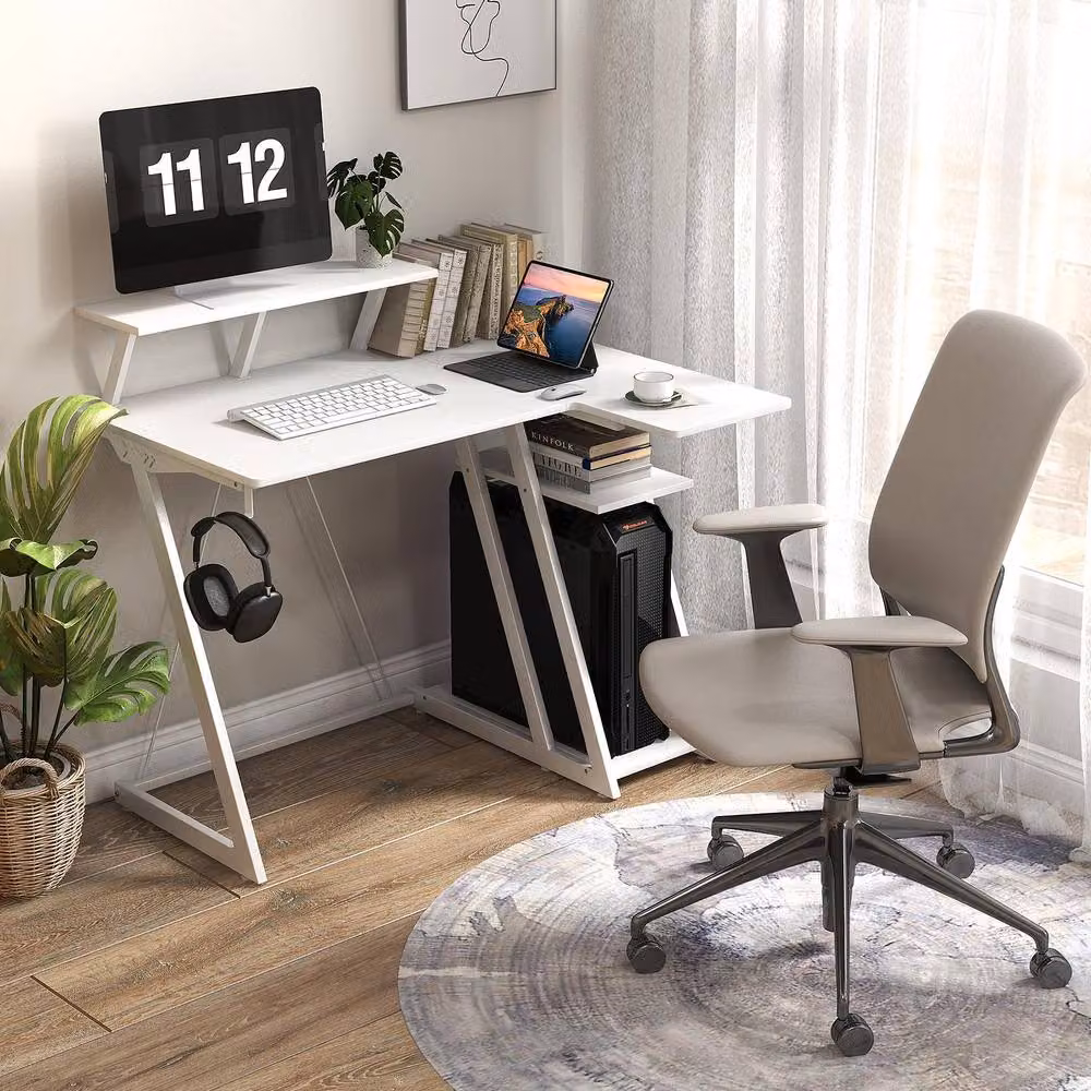 Gymax Corner Gamer Desk with Monitor Shelf and USB Ports, White – 2
