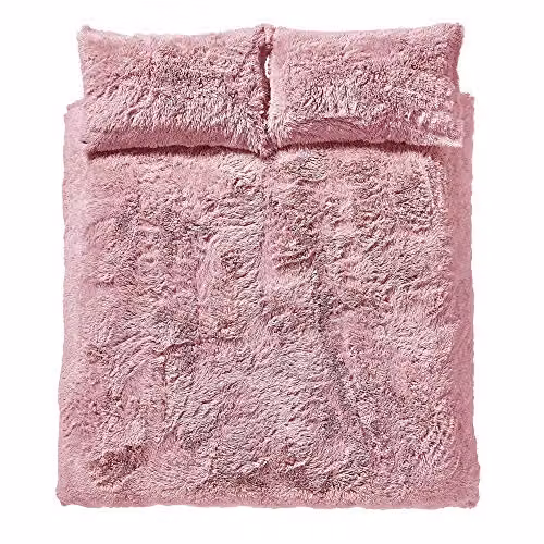 Catherine Lansfield Cuddly Faux Fur Double Duvet Cover Set with Pillowcases, Pink, W: 140 cm, L: 200 cm – 2