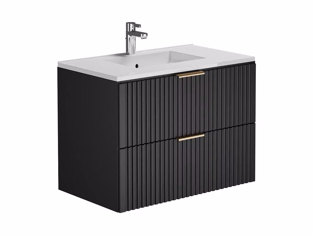 Vente-unique Ribbed Suspended Bathroom Unit with Built-In Washbasin, Black, W: 80 cm, D: 46 cm, H: 57 cm – 4