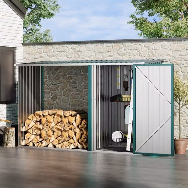 Breeins Steel Pent Storage Shed with Log Stacking Rack in Green