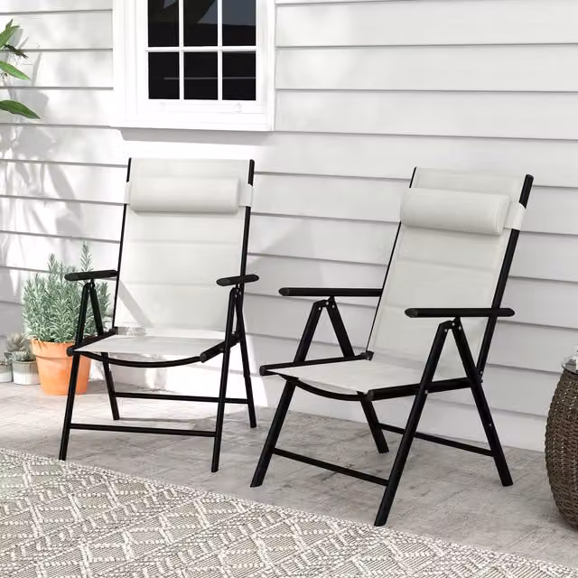 Outsunny Set of 2 Modern Padded Folding Patio Chairs in Light Grey