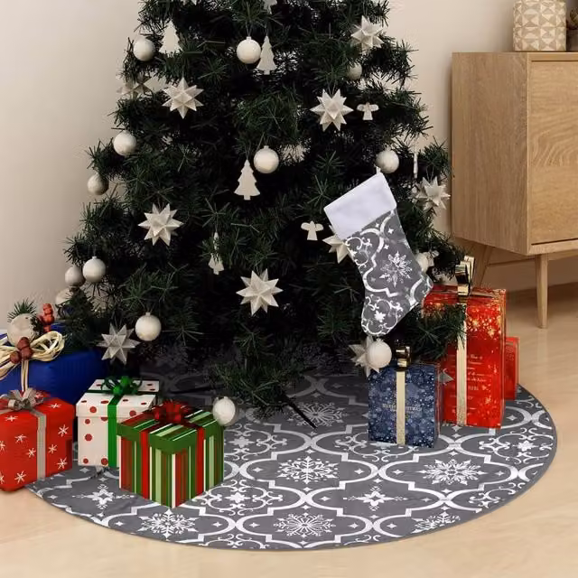 Berkfield Home Luxury Christmas Tree Skirt with Sock in Grey, Diameter: 150 cm