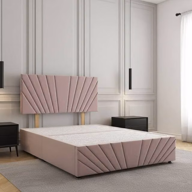 Regional Furnishings Luxury Velvet Upholstered Divan Bed with 24 inch Headboard and Footboard in Pink, Super King, 200 x 200 cm
