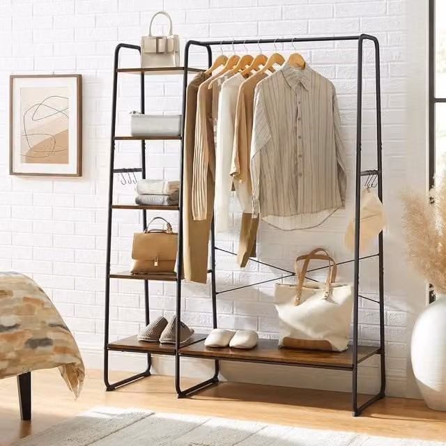 VASAGLE Industrial Clothes Rack with Shoe Storage and Side Hooks in Brown, H 160 x W 60 x D 45 cm – 1